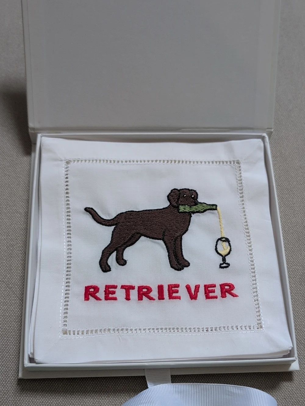 August Morgan Retriever Embroidered White Cotton Cocktail Napkin Boxed Set of 4